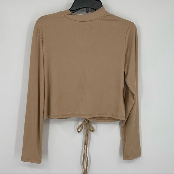 One Step Up Women’s High Neck Boxy Cut Ribbed Knit Long Sleeve Lace Up Back Top - Picture 1 of 3